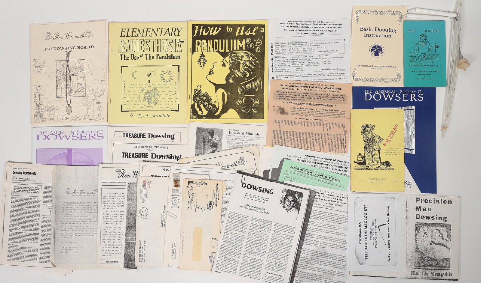 Dowsing Files [194695]: Assortment of dowsing ephemera for a variety of objects. Dowsing is a controversial practice that involves using a pointer to locate hidden objects. It's also known as divining, water witching, or rha