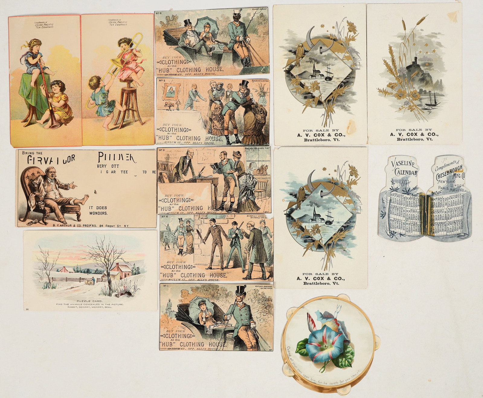 Various Trade Cards [194866]: Lot of 14. Vaseline Die Cut Calendar, tambourine die cut, hold pot the light German Corn Remover, puzzle cards, Crown Royal Range embossed gold leaf cards. In very good condition.^Date: 1890'sCountry 