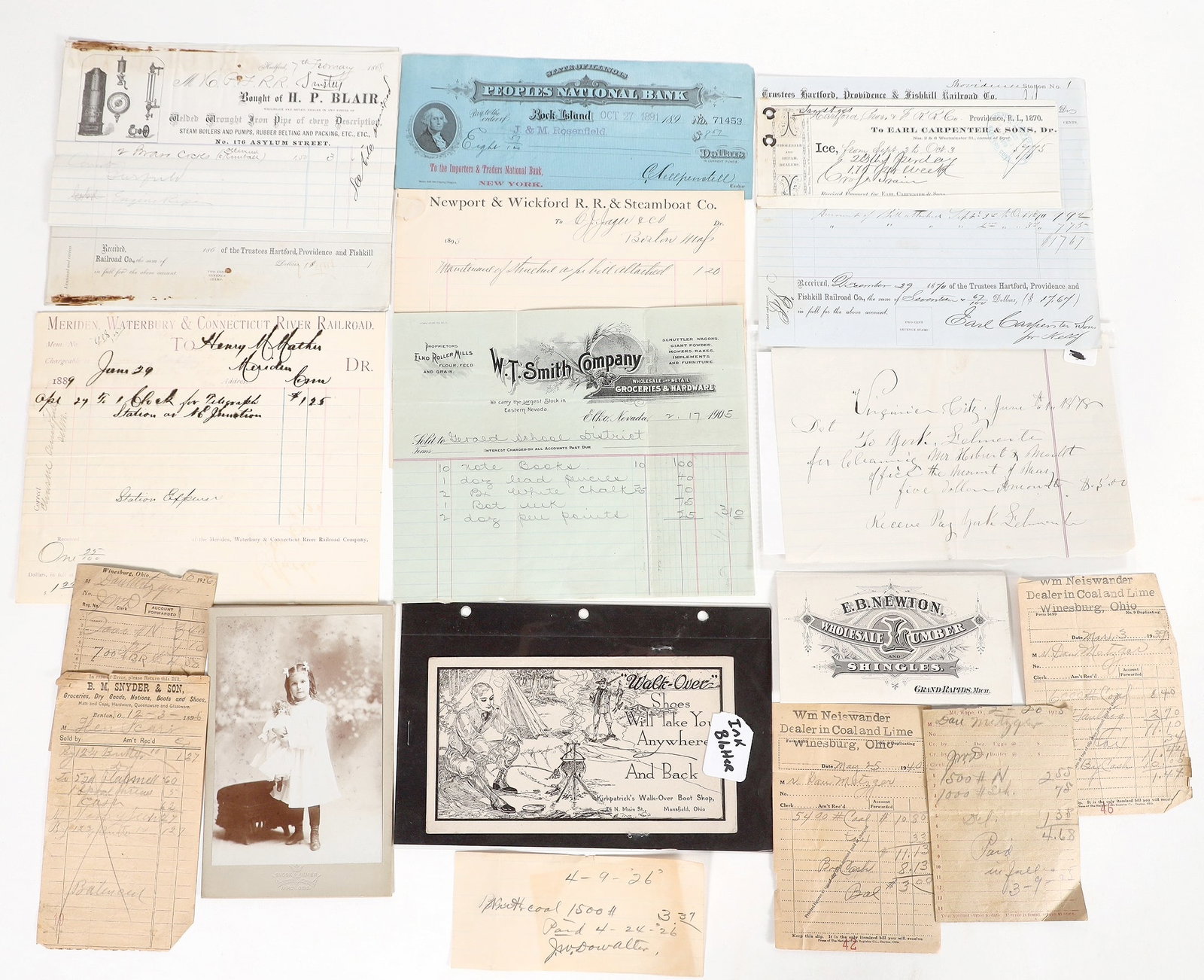 Letterheads, Receipts and other ephemera incl. Railroad [195655]: Lot of 15+: Mix of hand written receipts, one photograph and ads. Some in protective covers. Conditions vary. ^ Date: 1870-1891 Country (if not USA): State: City: Provenance: PLEASE NOTE: We assume lo