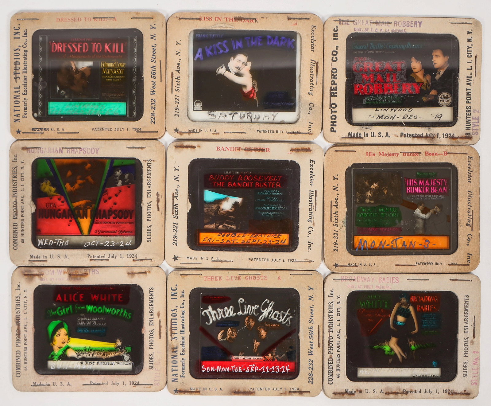 Theatre Poster Glass Slides [194845]: Nine lantern slides from various companies : Combined Photo Ind. National Studios and Photo Repro Co. In good condition and are dated. I.E. movies " Broadway Babies, Great Mail Robbery, Three Live Gho
