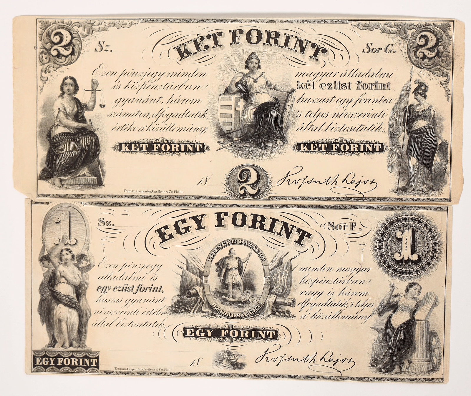 Hungarian Fund: Forint Notes (2) [194304]: Issued in the 1850s by Lajos Kossuth to raise funds to support the Hungarian independence from the Austrian Empire, two bank notes made by Toppen, Carpenter, Casileur & Co. of Philadelphia. Egy Forint