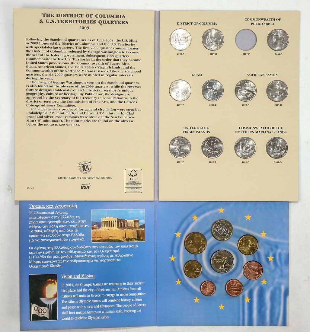 Greek Olympic Coins/U.S. Territories Quarters [196199]: Two coin albums: 1) 2004 Olympic Games Athens: eight uncirculated in original holder. 2) Littleton Coin Folder for The District of Columbia & U. S. Territories quarters, containing 11 quarters, missin