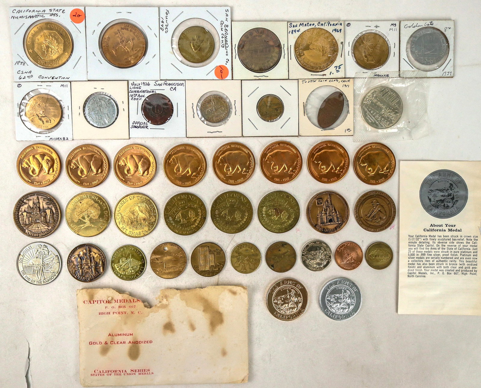 California Medal Group (42) [195699]: 42 California medals. San Francisco, Mt. Shasta, Grass Valley, Los Angeles, Fishermans Wharf, etc. Lots of good stuff, take a look at the photo!^Date: Country (if not USA):State: CaliforniaCity: Prove