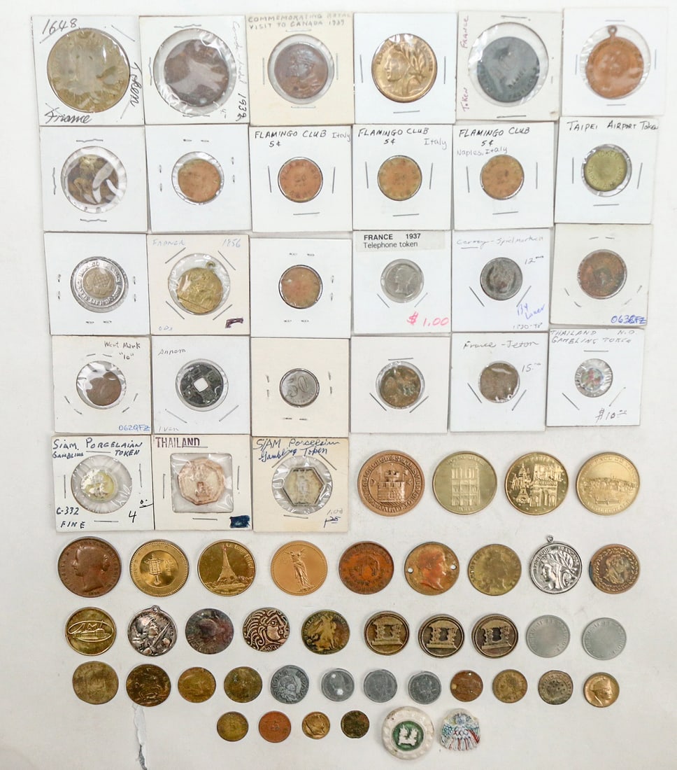 European and Eastern Travel Medals, Set of 68 [195105]: Pesos in 500 denomination, Thai gambling chips, Taipei airport medal, French medals including commemoration of the 1974 Agricultural Fair held in Ville de Soissons, and Italian medals. A variety of co