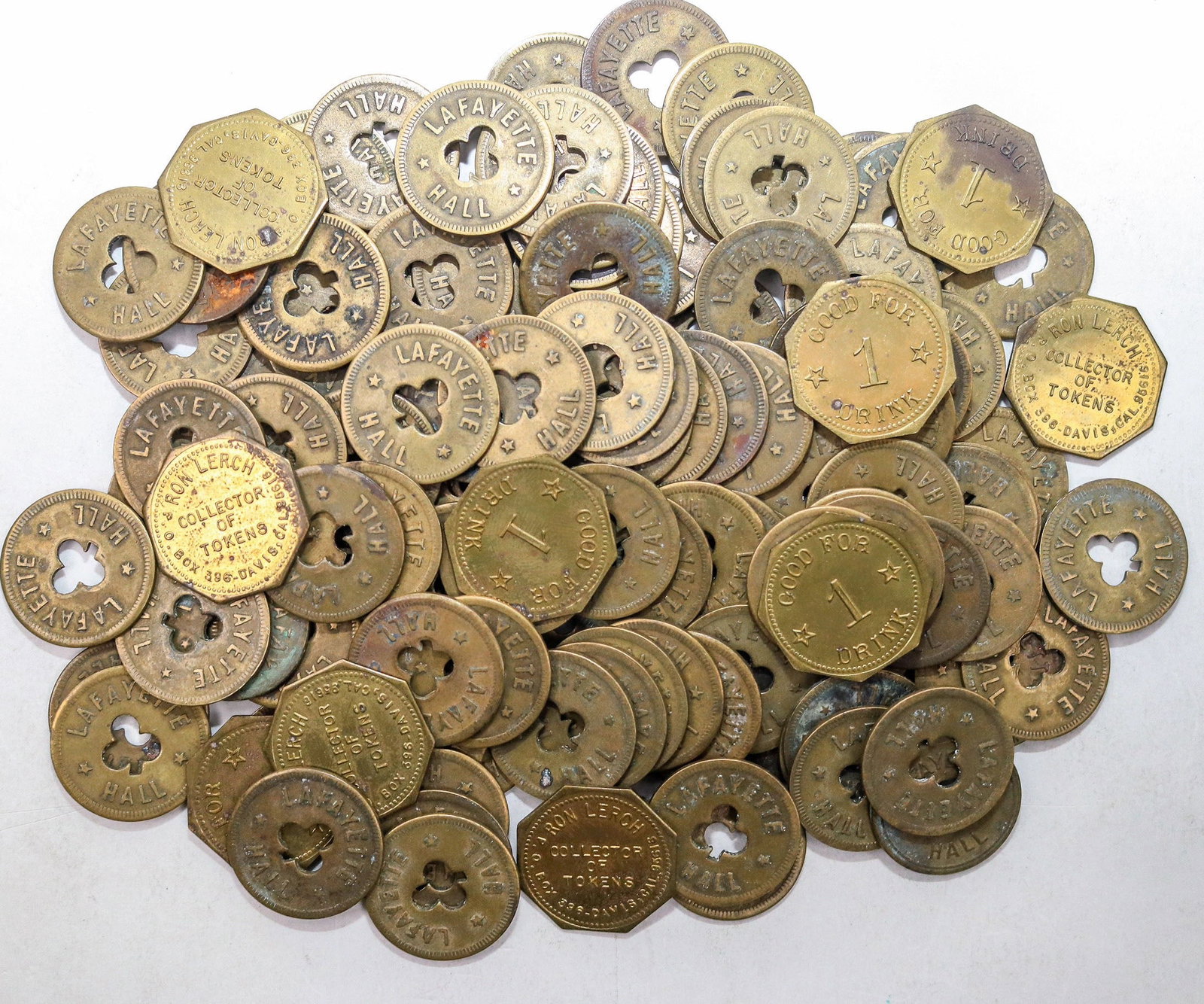 Lafayette Hall/ Ron Lerch Token Hoard (127) [195169]: Ten Ron Lerch tokens: RON LERCH / COLLECTOR / OF / TOKENS / P.O. BOX 396-DAVIS CAL. 95616 // GOOD FOR / 1 / DRINK; Br., octagonal, 25 mm. One hundred fourteen: LAFAYETTE / HALL // LAFAYETTE / HALL (cl