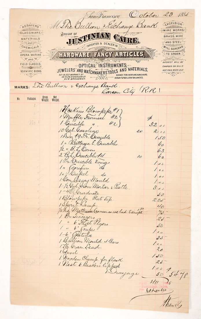 The Bullion & Exchange Bank of S. F. from Justinian Caire Hardware Invoice c. 1883 [194510]: This invoice is to The Bullion & Exchange Bank bought from Justinian Caire Hardware and Fancy Articles dated 1883. The invoice is for extensive assay and refining equipment. A great read; very readabl
