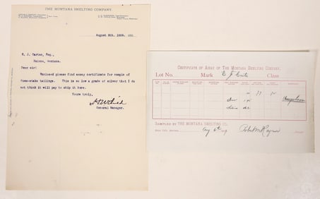 Montana Smelting Company Assay Sheet & Rejection Letter [192531]