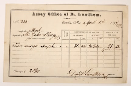 Very Rare 1874 Eureka, Nevada Mining Assay Receipt for David Lundbom [192870]