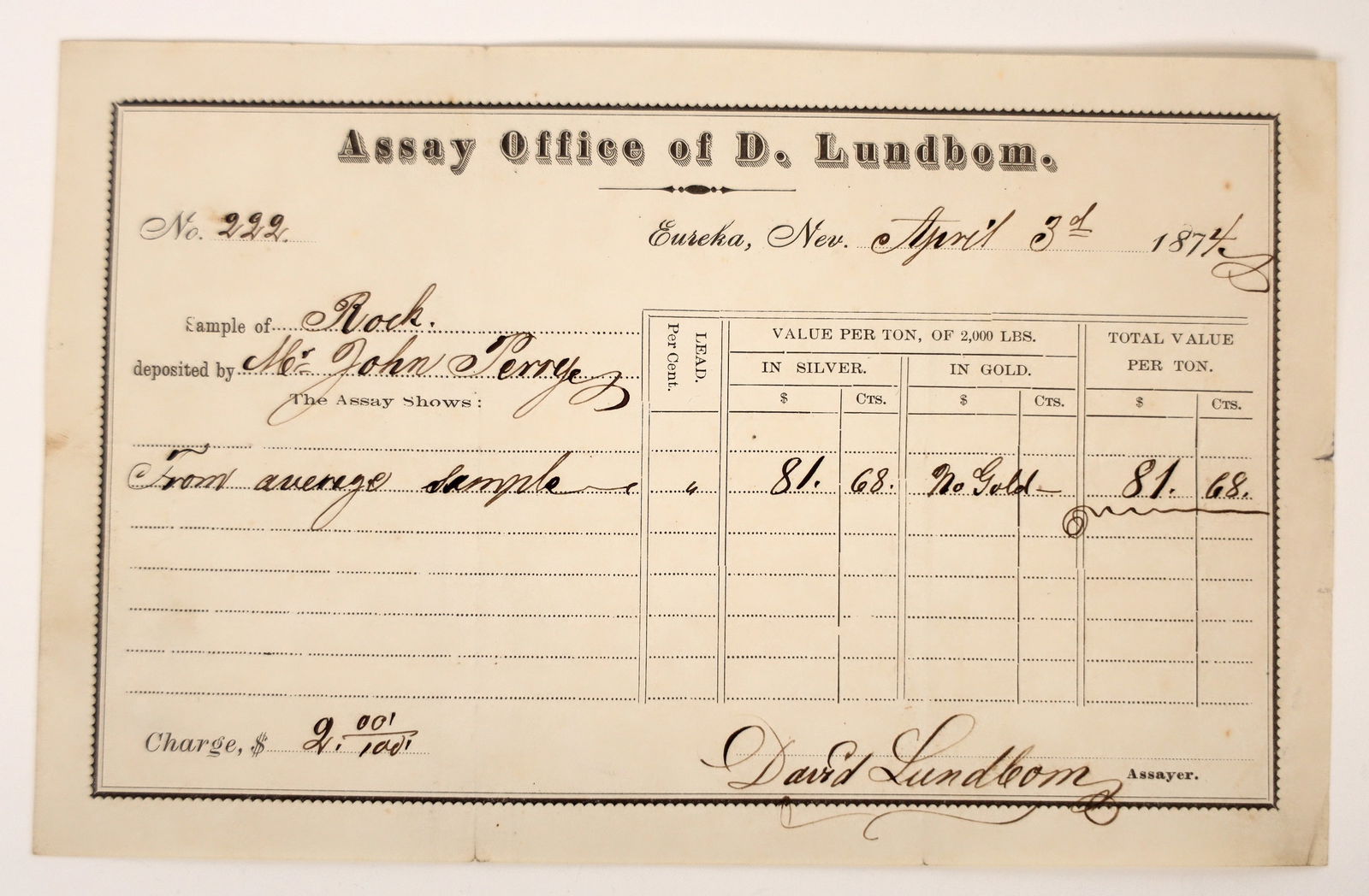 Very Rare 1874 Eureka, Nevada Mining Assay Receipt for David Lundbom [192870] (1 of 1)