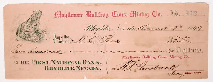 Mayflower Bullfrog Cons. Mining Check, Rare [193234]