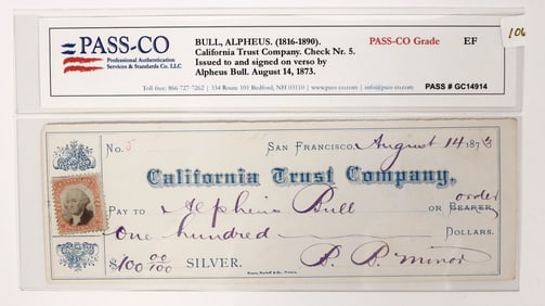 Alpheus Bull Autographed Check, 1873 [193573]