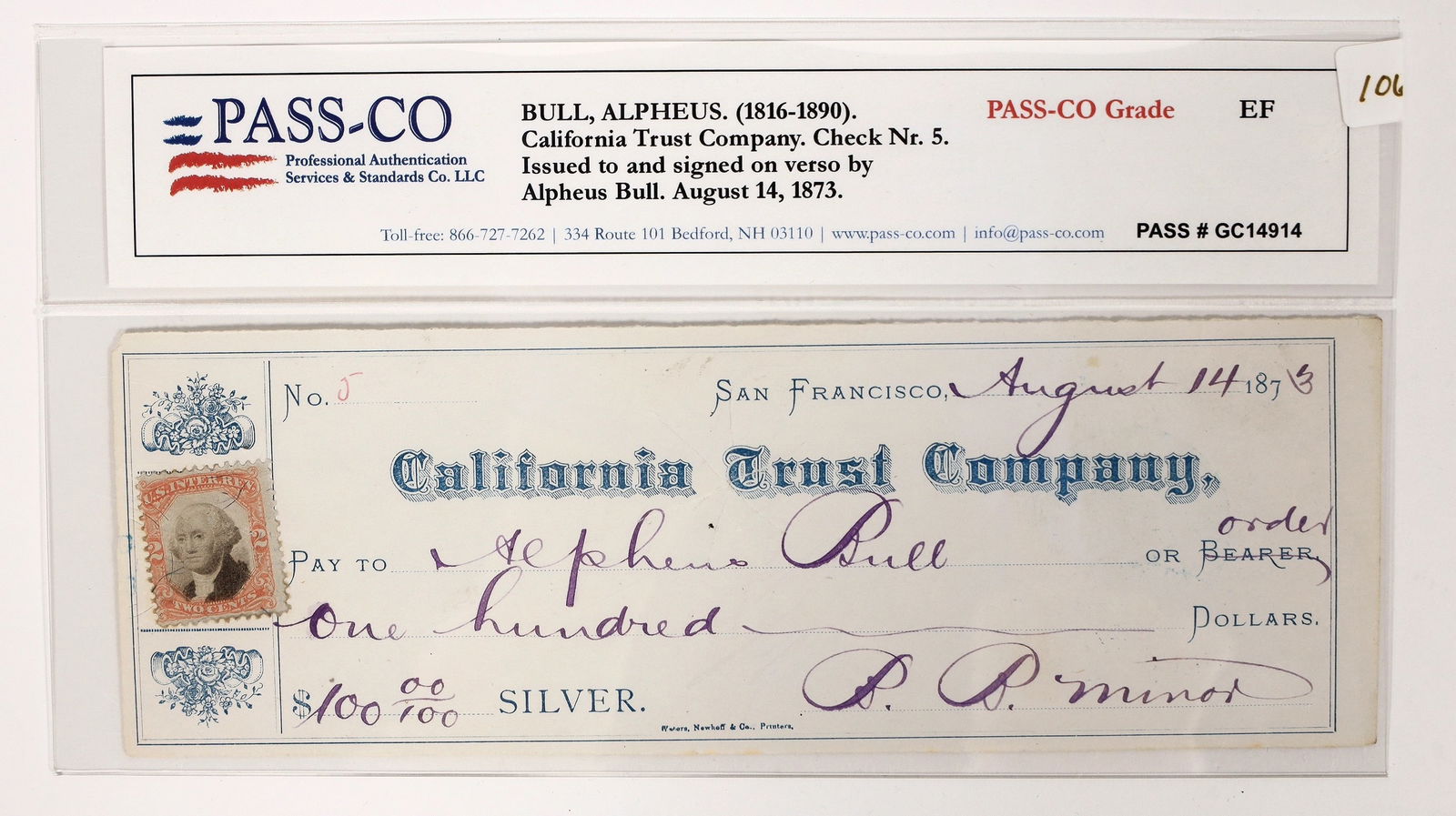 Alpheus Bull Autographed Check, 1873 [193573] (1 of 2)