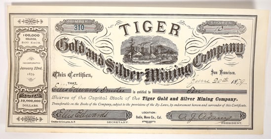 Tiger Gold and Silver Mining Stock, 1879, Rare [192825]