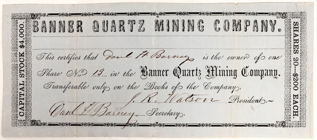Banner Quartz Mining Stock, 1857, Rare [191841]