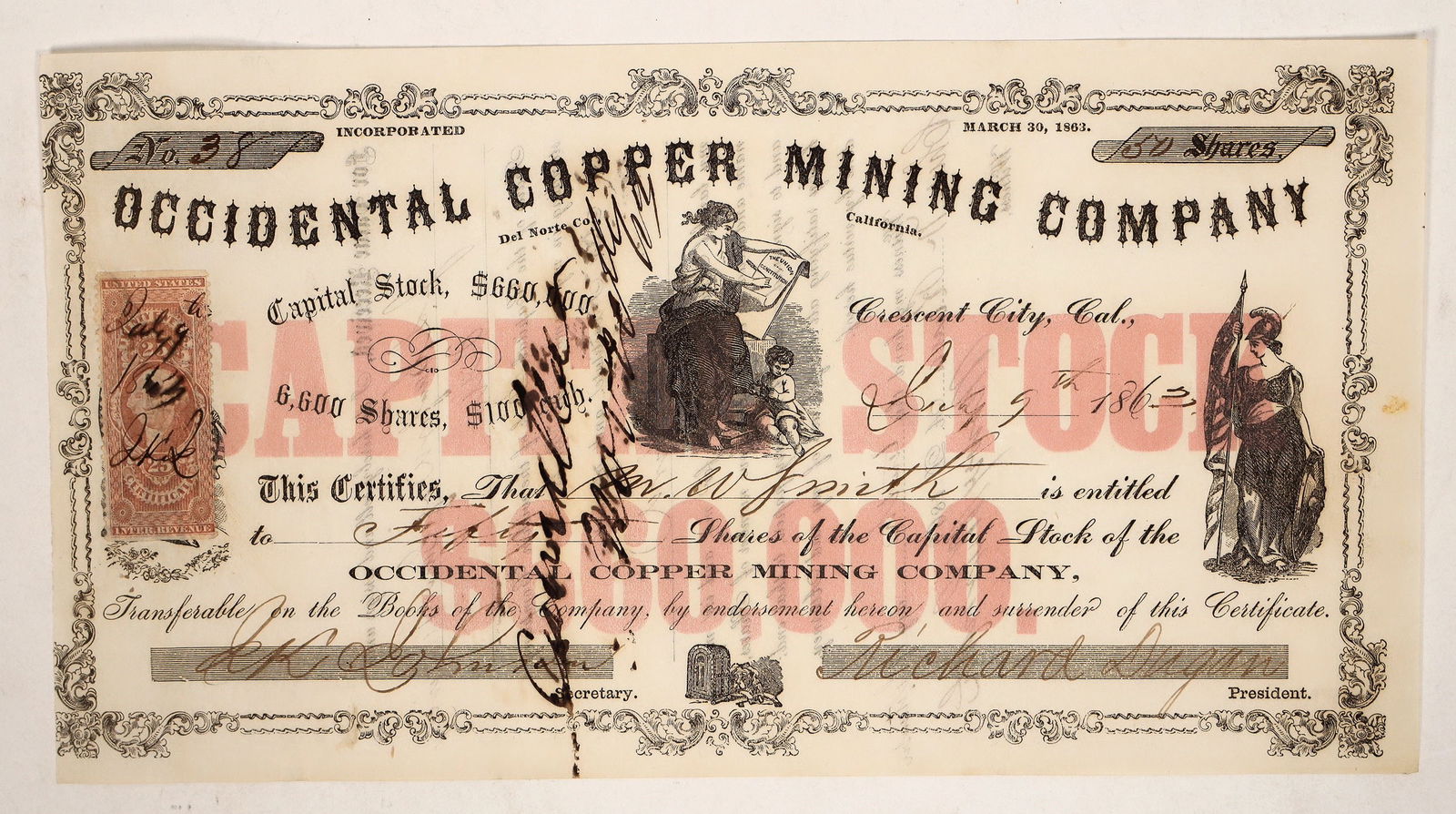 Occidental Copper Mining Stock, 1863 [191708]: Rare. Inc. July 9, 1863. Dateline Crescent City, Cal., August 26, 1863. No. 38. Issued for 50 shares to M.W. Smith. Signed by John Johnson as secretary. Pink underprint. Ledges include: Baxter, Mary-D