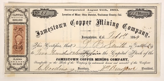 Jamestown Copper Mining Stock, 1864 [192047]