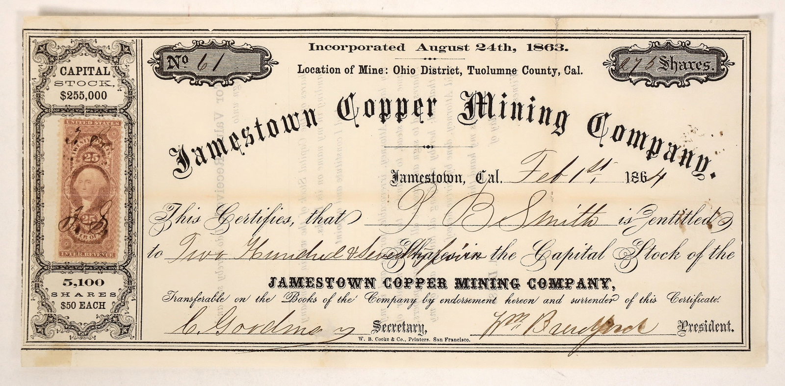 Jamestown Copper Mining Stock, 1864 [192047]: Issued 1864 Jamestown Copper Mining stock. # 61 for 275 shares to PB Smith. Signed by president and secretary(?). Dateline Jamestown 1864. Incorporated August 24, 1863. Not cancelled. 25c Power of Att