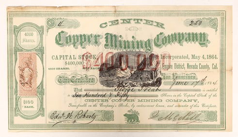 Center Copper Mining Co. Stock, 1864 [191700]