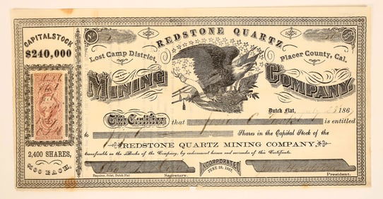 Redstone Quartz Mining Co. Stock Cert, 1867 [191309]
