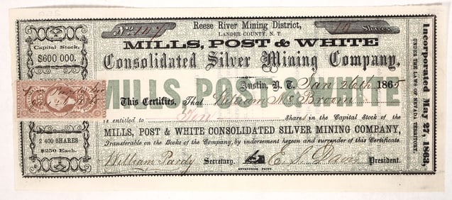 Mills, Post & White Cons. Silver Mining Stock, 1865 [191643]