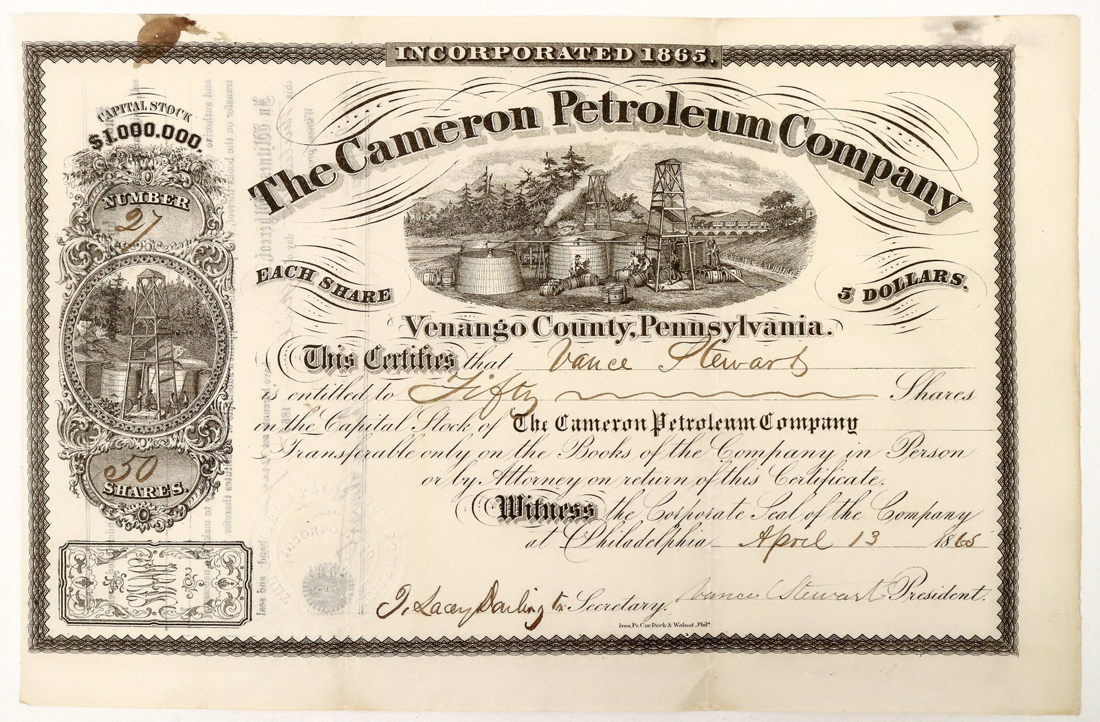 Cameron Petroleum Company Stock Certificate [191361]: A stock certificate for fifty shares in the Cameron Petroleum Company, made out to Vance Stewart. It is dated April 13th, 1865. The certificate has been signed by the company's secretary as well as th