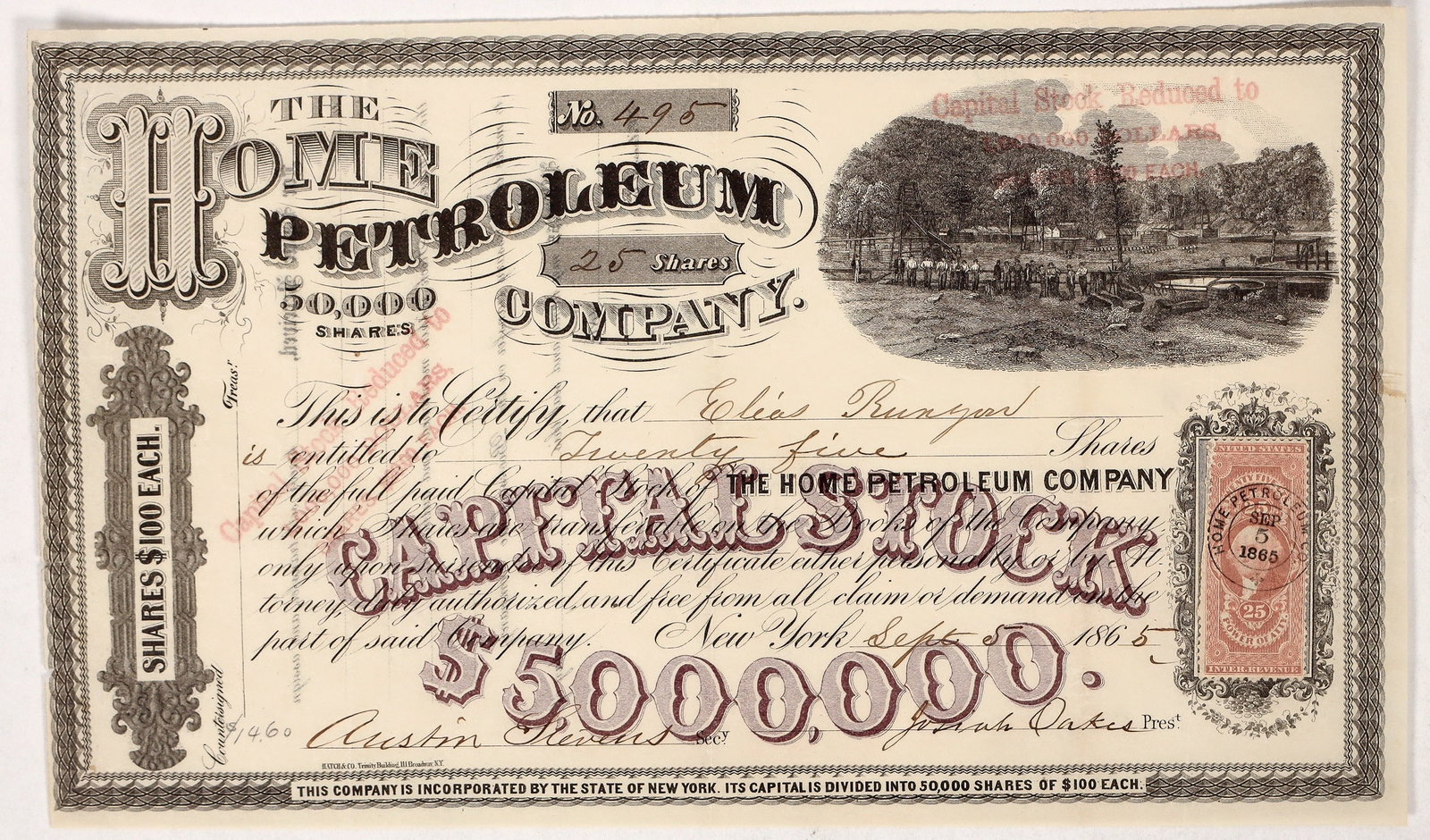 Home Petroleum Stock, 1865 [191475]: #495 for 25 shares to Elias Bunyon. Signed by president Oakes and secretary Stevens. Underprint purple Capital Stock $500,000. Stamp upper right and lower left about stock reduction. Rather unique oil