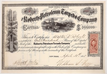 Roberts Petroleum Torpedo Company Stock, 1865, Wow! [191641]
