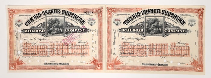 Otto Mears Signed Rio Grande RR Stock Pair, 1892 [193565]