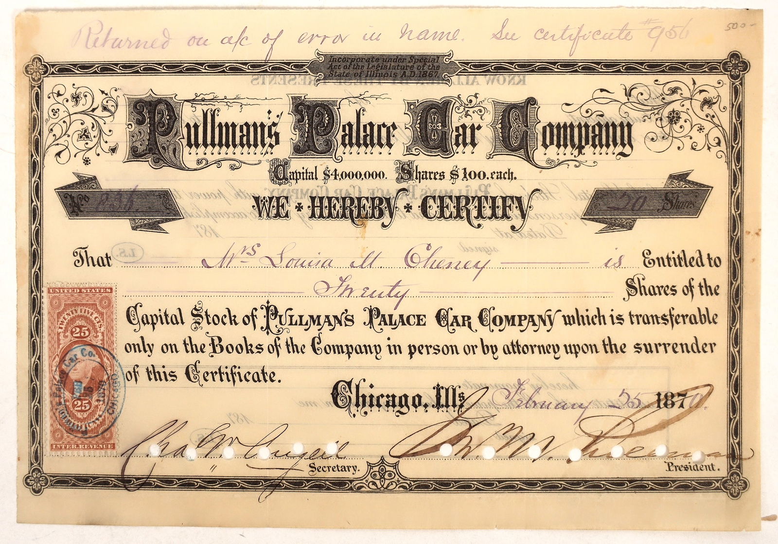 Pullman Company Cert Signed by Pullman [192508] (1 of 1)