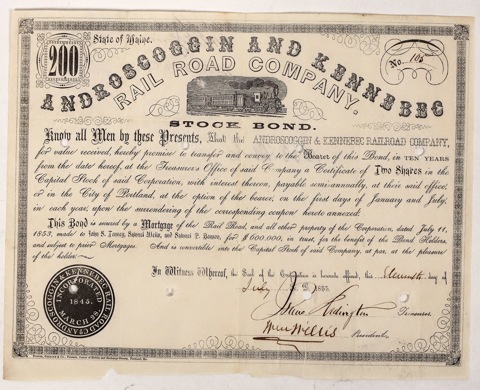Androscoggin and Kennebec RR Stock, 1853 [192751]: Issued 1853 Androscoggin and Kennebec RR stock. Lower edge is rough, please inspect. The Androscoggin and Kennebec Railroad Co. chartered on March 28, 1847. On October 28, 1862, the A&K and P&K merged