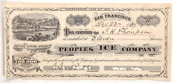 Peoples Ice Company Stock Certificate (Boca / Truckee) [195349]