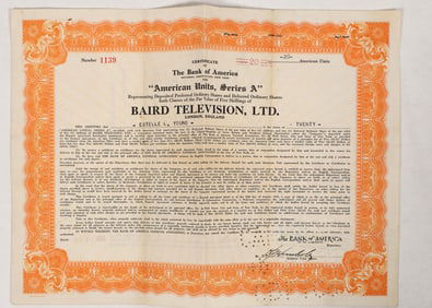 Early Baird Television Stock, 1931, Rare [192313]