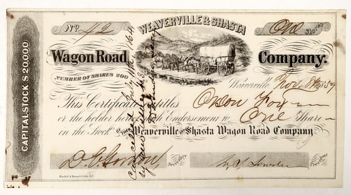 Weaverville & Shasta Wagon Road Company Stock, 1859 -- Very Rare! [191364]