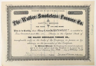 Walker Smokeless Furnace Co. Stock Certificate [191360]