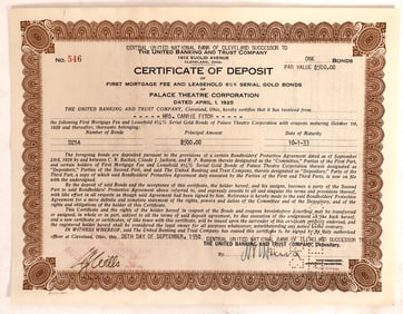 Palace Theatre Deposit Cert, 1930 [173404]
