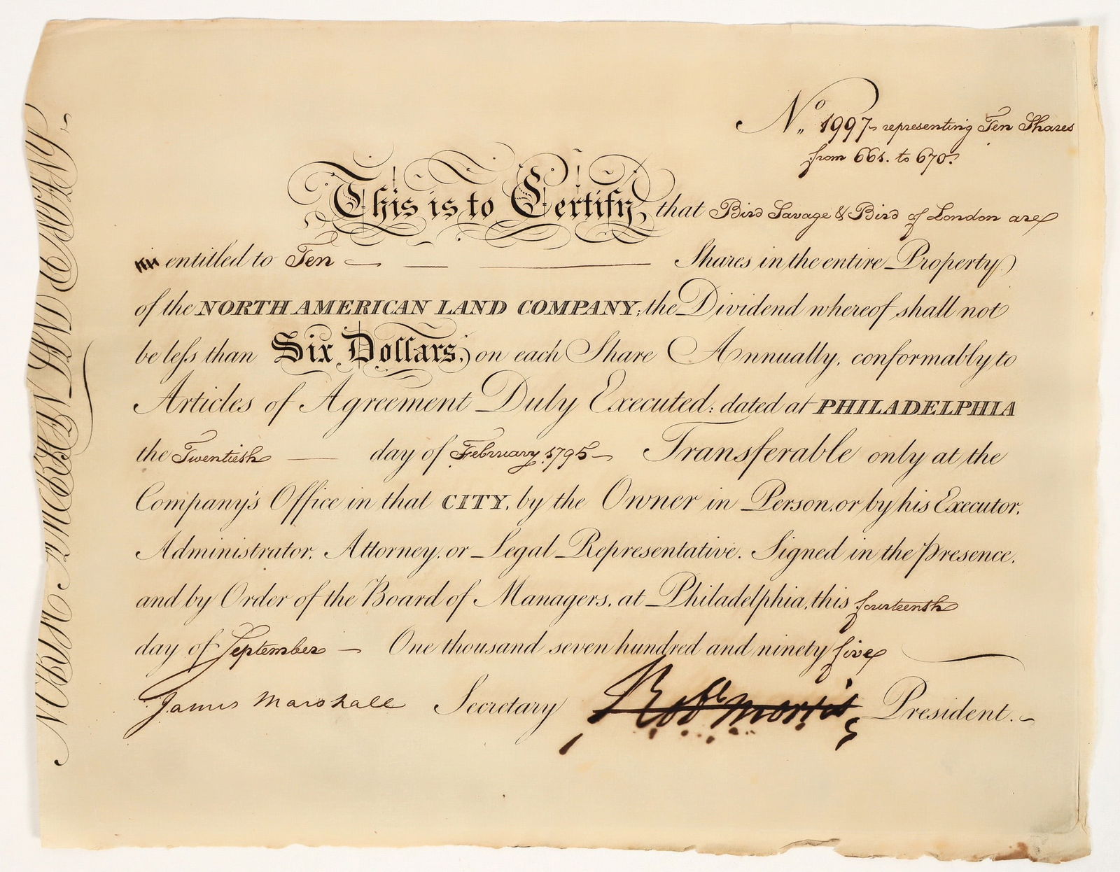North American Land Company Stock Signed by Founding Father Robert Morris [197906]: North American Land Co. stock issued to Bird Savage & Bird of London in 1795. Signed by Robert Morris as president and James Marshall as secretary. Morris' signature is pen cancelled. Robert Morris wa