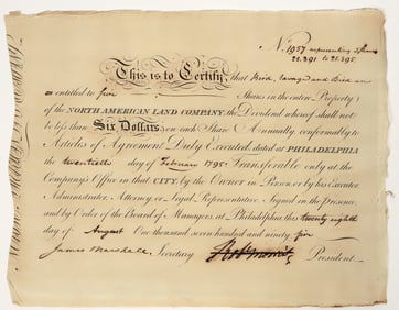 North American Land Company Stock Signed by Founding Father Robert Morris [197907]