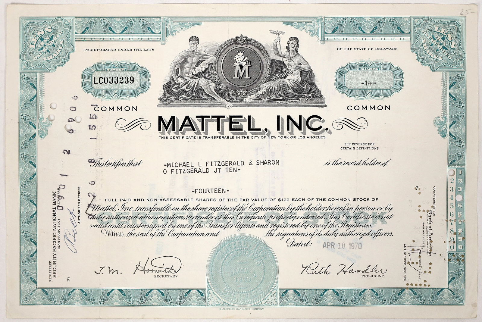 Mattel Inc. Stock Certificate, 1970 [191867] (1 of 1)