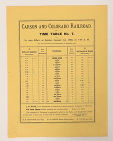 Carson and Colorado Railroad 1882 Time Table, c. 1960's Reprint [190559]