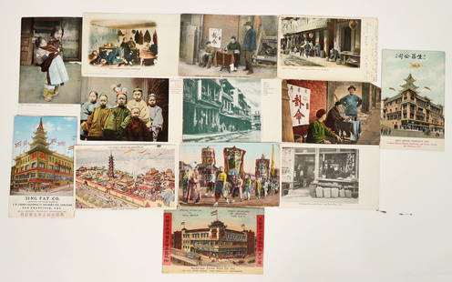 Chinese in San Francisco Postcard Group (13) [197716]: Lot of 13 different. No RPPC. Chinese businesses (Sing Chong Co., Sing Fat Co., Nanking Fook Woh Co.), street scenes (Chinese fortune teller, homeless children from earthquake, opium den, Fish Alley,