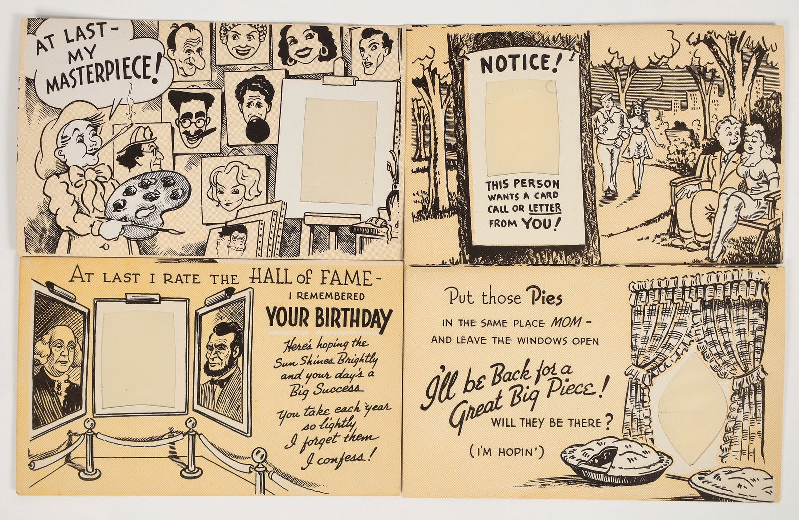 Photo Insert Postcard Group (4) [197691]: Lot of 4 rare unused photo insert postcards. Each has a slot where you can slide a picture into the front of the postcard to be incorporated into the illustration. No published listed. All different.^