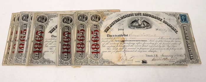 Mutual Benefit Life Stocks w/ R34 & R44 Stamps, 10 [192288]