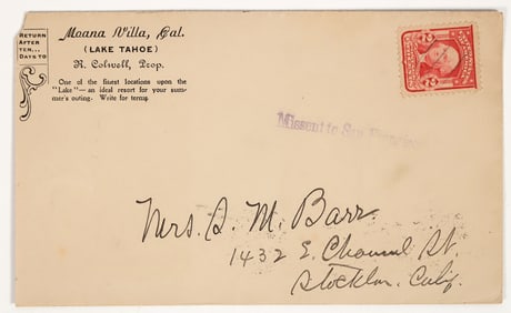 Rare Moana Villa, Lake Tahoe Resort Corner Advertising Cover, 1905 [192888]