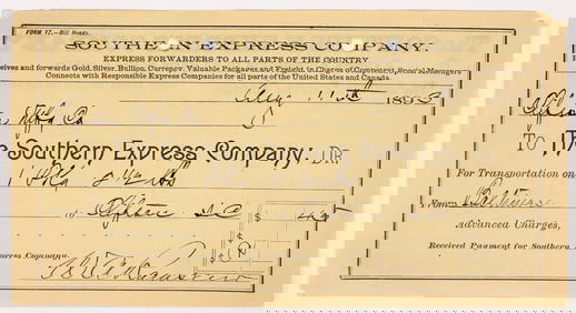 Southern Express Company Railway Receipt, 1893 [195009]