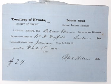 Mayfield Murder Trial Witness Certificate, Carson City, Nevada Territory Signed by Nye [192813]