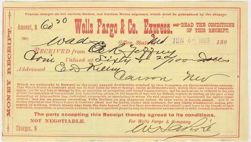 Wadsworth, Nevada Wells Fargo Express Coin Receipt, 1899 [197292]