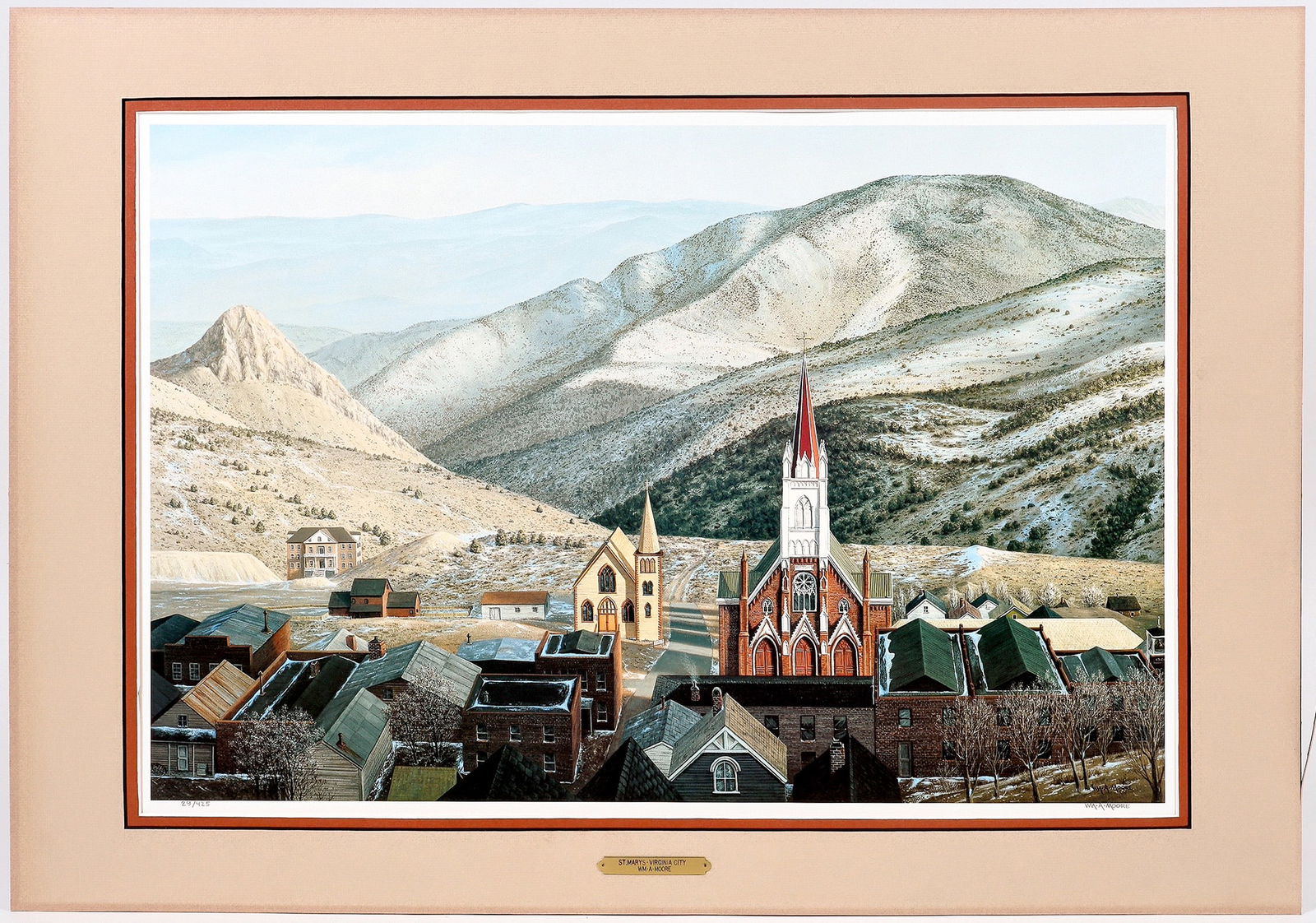 Virginia City Print by Moore, Matted [195944]: Beautiful matted color print of St. Mary's church in Virginia City, Nevada, printed 1998. Excellent portrayal of the desert landscape with light snow. Signed by artist William Moore and marked as prin