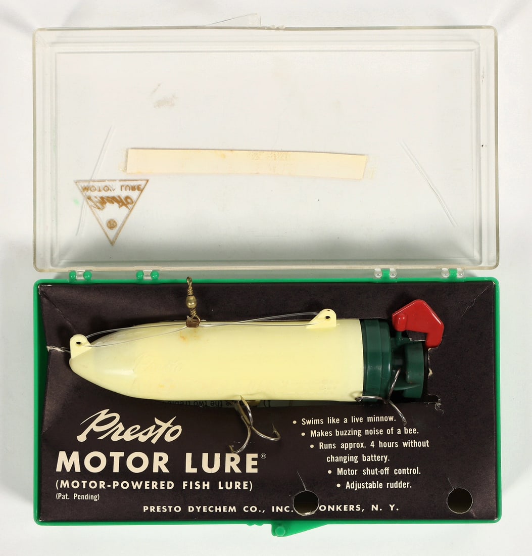 Fishing: Presto Motor Lure, New in Box, 1960s [197884]: Presto Motor Lure in box, by Presto Dyechem Co. Inc., Yonkers, New York. 5" long. "Swims like a live minnow."^Date: 1960sCountry(if not USA): State: City: Provenance: