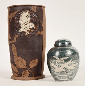 Hand Spun Bird Vase & Metal Bird Pattern Container [197103]