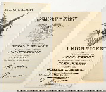 Union/Democratic Tickets 1868 Election [196646]: Two party tickets for the 1868 California election in the San Luis Obispo area. 1) Regular Union Ticket: John Currey (supreme court judge); John Swett (superintendent of Public Instruction); William L